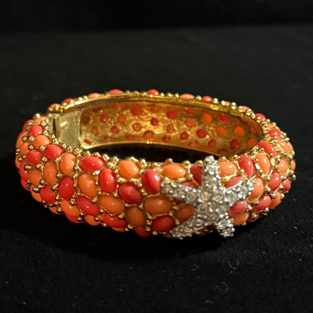 Kenneth Jay Lane KJL Orange And Gold Hinged Bangle Bracelet With Rhinestone Star